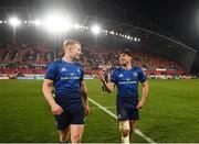 2 April 2022; Jimmy O'Brien, right, and Ciarán Frawley of Leinster after their side's victory in the United Rugby Championship match between Munster and Leinster at Thomond Park in Limerick. Photo by Harry Murphy/Sportsfile