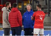 2 April 2022; Leinster head coach Leo Cullen speaks with Munster players, from right, Jason Jenkins, Jean Kleyn and RG Snyman after the United Rugby Championship match between Munster and Leinster at Thomond Park in Limerick. Photo by Harry Murphy/Sportsfile
