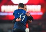 2 April 2022; Keith Earls of Munster and Cian Healy of Leinster embrace after the United Rugby Championship match between Munster and Leinster at Thomond Park in Limerick. Photo by Diarmuid Greene/Sportsfile