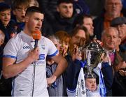2 April 2022; The Waterford captain Conor Prunty makes an acceptance speech as supporter Jennife Malone liftsthe Croke Cup after the Allianz Hurling League Division 1 Final match between Cork and Waterford at FBD Semple Stadium in Thurles, Tipperary. Photo by Ray McManus/Sportsfile