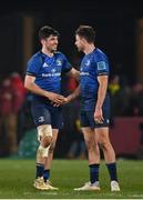 2 April 2022; Jimmy O'Brien and Hugo Keenan of Leinster after their side's victory in the United Rugby Championship match between Munster and Leinster at Thomond Park in Limerick. Photo by Harry Murphy/Sportsfile