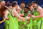 2 April 2022; Aaron Calixte of Garvey's Tralee Warriors celebrates with his teammates after being named MVP after the InsureMyVan.ie SuperLeague Final match between Garvey’s Tralee Warriors, Kerry and C&S Neptune, Cork, at the National Basketball Arena in Dublin. Photo by Brendan Moran/Sportsfile