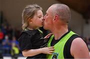 2 April 2022; Kieran Donaghy of Garvey's Tralee Warriors kisses his daughter Indie after victory in the InsureMyVan.ie SuperLeague Final match between Garvey’s Tralee Warriors, Kerry and C&S Neptune, Cork, at the National Basketball Arena in Dublin. Photo by Brendan Moran/Sportsfile