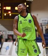 2 April 2022; Aaron Calixte of Garvey's Tralee Warriors celebrates during the InsureMyVan.ie SuperLeague Final match between Garvey’s Tralee Warriors, Kerry and C&S Neptune, Cork, at the National Basketball Arena in Dublin. Photo by Brendan Moran/Sportsfile