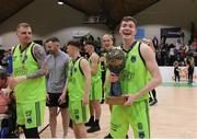 2 April 2022; Keelan Crowe of Garvey's Tralee Warriors celebrates with the trophy after the InsureMyVan.ie SuperLeague Final match between Garvey’s Tralee Warriors, Kerry and C&S Neptune, Cork, at the National Basketball Arena in Dublin. Photo by Daniel Tutty/Sportsfile