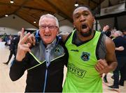 2 April 2022; Aaron Calixte of Garvey's Tralee Warriors and Jimmy Diggins celebrate after the InsureMyVan.ie SuperLeague Final match between Garvey’s Tralee Warriors, Kerry and C&S Neptune, Cork, at the National Basketball Arena in Dublin. Photo by Brendan Moran/Sportsfile