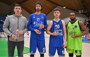 2 April 2022; Men's Superleague Allstar award winners, from left, Ciaran O'Sullivan on behalf of Andre Nation of Tradehouse Central Ballincollig, Nil Sabata of Coughlan C&S Neptune, Roy Downey of Coughlan C&S Neptune and Aaron Calixte of Garvey's Tralee Warriors with their awards after the InsureMyVan.ie SuperLeague Final match between Garvey’s Tralee Warriors, Kerry and C&S Neptune, Cork, at the National Basketball Arena in Dublin. Photo by Brendan Moran/Sportsfile