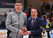 2 April 2022; Ciaran O'Sullivan receives a Men's Superleague Allstar award, on behalf of Andre Nation of Tradehouse Central Ballincollig, from Basketball Ireland MNCC member Paul Barrett after the InsureMyVan.ie SuperLeague Final match between Garvey’s Tralee Warriors, Kerry and C&S Neptune, Cork, at the National Basketball Arena in Dublin. Photo by Brendan Moran/Sportsfile
