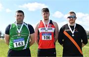 3 April 2022; Senior men's hammer medallists, from left, John Dwyer of Templemore AC, Tipperary, bronze, Brendan O'Donnell of Lifford Strabane AC, Donegal, gold, and Simon Galligan of Clonliffe Harriers AC, Dublin, silver,  during the AAI National Spring Throws Championships at Templemore Athletics Club in Tipperary. Photo by Sam Barnes/Sportsfile