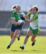 3 April 2022; Cathy Mee of Limerick in action against Róisín Ennis of Offaly during the Lidl Ladies Football National League Division 4 Final match between Limerick and Offaly at St Brendan's Park in Birr, Offaly. Photo by Ben McShane/Sportsfile