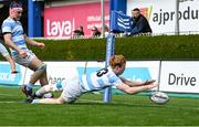 3 April 2022; Hugh Cooney of Blackrock College dives on a loose ball to score his side's fifth try during the Bank of Ireland Leinster Rugby Schools Senior Cup Final match between Gonzaga College and Blackrock College at the RDS Arena in Dublin. Photo by Harry Murphy/Sportsfile