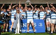 3 April 2022; Blackrock College captain Gus McCarthy lifts the cup alongside his mother Tara McCarthy after the Bank of Ireland Leinster Rugby Schools Senior Cup Final match between Gonzaga College and Blackrock College at the RDS Arena in Dublin. Photo by Harry Murphy/Sportsfile