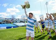 3 April 2022; Conor O’Shaughnessy of Blackrock College celebrates with the trophy after the Bank of Ireland Leinster Rugby Schools Senior Cup Final match between Gonzaga College and Blackrock College at the RDS Arena in Dublin. Photo by Harry Murphy/Sportsfile