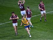 3 April 2022; Diarmuid Murtagh of Roscommon celebrates scoring his side's first goal, as Galway players, from left, Seán Kelly, Matthew Tierney, Johnny McGrath and Liam Silke react during the Allianz Football League Division 2 Final match between Roscommon and Galway at Croke Park in Dublin. Photo by Piaras Ó Mídheach/Sportsfile