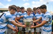 3 April 2022; Blackrock College players celebrate with the trophy after the Bank of Ireland Leinster Rugby Schools Senior Cup Final match between Gonzaga College and Blackrock College at the RDS Arena in Dublin. Photo by Harry Murphy/Sportsfile