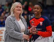 2 April 2022; Kwanza Murray of Singleton SuperValu Brunell  is presented with her Women's Superleague Allstar award by Basketball Ireland WNLC chairperson Breda Dick after the MissQuote.ie Champions Trophy Final match between The Address UCC Glanmire, Cork and Singleton SuperValu Brunell, Cork, at the National Basketball Arena in Dublin. Photo by Brendan Moran/Sportsfile