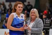 2 April 2022; Claire Melia of The Address UCC Glanmire is presented with her Women's Superleague Allstar award by Basketball Ireland WNLC chairperson Breda Dick after the MissQuote.ie Champions Trophy Final match between The Address UCC Glanmire, Cork and Singleton SuperValu Brunell, Cork, at the National Basketball Arena in Dublin. Photo by Brendan Moran/Sportsfile