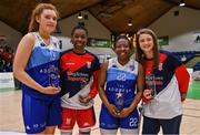 2 April 2022; Women's Superleague Allstar award winners, from left, Claire Melia of The Address UCC Glanmire, Kwanza Murray of Singleton SuperValu Brunell, Carrie Shepard of The Address UCC Glanmire and Edel Thornton of Singleton SuperValu Brunell with their awards after the MissQuote.ie Champions Trophy Final match between The Address UCC Glanmire, Cork and Singleton SuperValu Brunell, Cork, at the National Basketball Arena in Dublin. Photo by Brendan Moran/Sportsfile