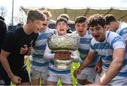 3 April 2022; Conor O’Shaughnessy of Blackrock College, centre, and teammates celebrate with the trophy during the Bank of Ireland Leinster Rugby Schools Senior Cup Final match between Gonzaga College and Blackrock College at the RDS Arena in Dublin. Photo by Harry Murphy/Sportsfile