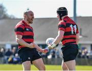 3 April 2022; Aiden McDonald of Kilkenny, right, is congratuled by team mate Padraig Mahon after he scored their side's first try during the Bank of Ireland Leinster Rugby Provincial Towns Cup Semi-Final match between Dundalk and Kilkenny at Naas RFC in Naas, Kildare. Photo by David Fitzgerald/Sportsfile