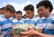 3 April 2022;  Inigo Cruise-O’Brien of Blackrock College, centre, and teammates celebrate with the trophy after the Bank of Ireland Leinster Rugby Schools Senior Cup Final match between Gonzaga College and Blackrock College at the RDS Arena in Dublin. Photo by Harry Murphy/Sportsfile