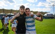 3 April 2022; Alex Yarr, left, and Gus McCarthy of Blackrock College celebrate after the Bank of Ireland Leinster Rugby Schools Senior Cup Final match between Gonzaga College and Blackrock College at the RDS Arena in Dublin. Photo by Harry Murphy/Sportsfile