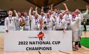 3 April 2022; The Dublin Vikings team celebrate with the cup after the InsureMyHouse.ie Masters Over 40’s Men National Cup Final match between Midlands Masters, Laois and Dublin Vikings at the National Basketball Arena in Dublin. Photo by Brendan Moran/Sportsfile