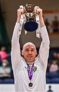 3 April 2022; Dublin Vikings captain Ian Durham lifts the cup after the InsureMyHouse.ie Masters Over 40’s Men National Cup Final match between Midlands Masters, Laois and Dublin Vikings at the National Basketball Arena in Dublin. Photo by Brendan Moran/Sportsfile