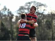 3 April 2022; Liam Caddy, right, and Simon O'Hara of Kilkenny celebrate after the Bank of Ireland Leinster Rugby Provincial Towns Cup Semi-Final match between Dundalk and Kilkenny at Naas RFC in Naas, Kildare. Photo by David Fitzgerald/Sportsfile