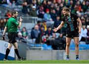 3 April 2022; Aidan O'Shea of Mayo protests to referee Noel Mooney during the Allianz Football League Division 1 Final match between Kerry and Mayo at Croke Park in Dublin. Photo by Eóin Noonan/Sportsfile