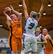 3 April 2022; Anna Reddin of Midland Masters in action against Maria Harty of Glanmire during the InsureMyHouse.ie Masters Over 40’s Women National Cup Final match between Glanmire, Cork and Midlands Masters, Laois at the National Basketball Arena in Dublin. Photo by Brendan Moran/Sportsfile
