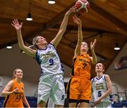 3 April 2022; Maria Harty of Glanmire blocks a shot by Grainne Tomlinson of Midland Masters  during the InsureMyHouse.ie Masters Over 40’s Women National Cup Final match between Glanmire, Cork and Midlands Masters, Laois at the National Basketball Arena in Dublin. Photo by Brendan Moran/Sportsfile