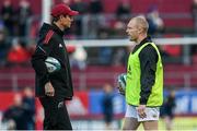 2 April 2022; Munster senior coach Stephen Larkham and Keith Earls before the United Rugby Championship match between Munster and Leinster at Thomond Park in Limerick. Photo by Harry Murphy/Sportsfile