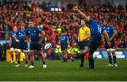 2 April 2022; Ross Byrne of Leinster kicks a penalty during the United Rugby Championship match between Munster and Leinster at Thomond Park in Limerick. Photo by Harry Murphy/Sportsfile