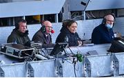 3 April 2022; Seán Bán Breathnach, second from left, working alongside and his daughter Brighid Breathnach and Dara Ó Cinnéide while commentating on his last match for RTÉ Raidió na Gaeltachta at the Allianz Football League Division 1 Final match between Kerry and Mayo at Croke Park in Dublin. Photo by Piaras Ó Mídheach/Sportsfile