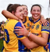 3 April 2022; Roscommon players, from left, Natalie McHugh, Mikaela Mchugh and Lisa O'Rourke celebrate after the Lidl Ladies Football National League Division 3 Final match between Roscommon and Wexford at St Brendan's Park in Birr, Offaly. Photo by Ben McShane/Sportsfile
