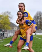 3 April 2022; Róisín Wynne carries Roscommon team-mate Aisling Hanly after the Lidl Ladies Football National League Division 3 Final match between Roscommon and Wexford at St Brendan's Park in Birr, Offaly. Photo by Ben McShane/Sportsfile