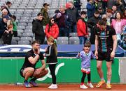 3 April 2022; Mayo players, Aidan O'Shea with his daughter Caragh and Pádraig O'Hora with his daughter Mila-Rae after the Allianz Football League Division 1 Final match between Kerry and Mayo at Croke Park in Dublin. Photo by Eóin Noonan/Sportsfile