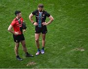 3 April 2022; Mayo players Rory Byrne, left, and Aidan O'Shea after their side's defeat in the Allianz Football League Division 1 Final match between Kerry and Mayo at Croke Park in Dublin. Photo by Piaras Ó Mídheach/Sportsfile