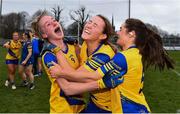3 April 2022; Roscommon players, from left, Laura Fleming, Kate Nolan and Róisín Wynne celebrate after the Lidl Ladies Football National League Division 3 Final match between Roscommon and Wexford at St Brendan's Park in Birr, Offaly. Photo by Ben McShane/Sportsfile