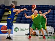 1 April 2022; John Adams of Killarney Cougars on defence against Alan Harte of UCD Lions during the InsureMyHouse.ie Masters Over 50’s Men National Cup Final match between Killarney Cougars v UCD Lions at the National Basketball Arena in Dublin. Photo by Sam Barnes/Sportsfile