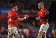 2 April 2022; Calvin Nash and Keith Earls of Munster during the United Rugby Championship match between Munster and Leinster at Thomond Park in Limerick. Photo by Harry Murphy/Sportsfile