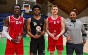 2 April 2022; Men's Division 1 Allstar award winners, from left, Tala Fam Thiam, Keith Jordan Jr of EJ Sligo All-Stars, Toby Christensen of UCC Demons and Matt Half, who accepted the award on behalf of Manny Payton of Limerick Sport Eagles after the InsureMyVan.ie Division 1 Final match between EJ Sligo All-Stars and UCC Demons, Cork at the National Basketball Arena in Dublin. Photo by Brendan Moran/Sportsfile