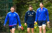 4 April 2022; Leinster players, from left, Peter Dooley, Ross Byrne and Jack Dunne during Leinster Rugby squad training session at UCD in Dublin. Photo by Harry Murphy/Sportsfile