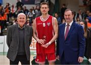 2 April 2022; Toby Christensen of UCC Demons is presented with his Men's Division 1 Allstar award by Basketball Ireland board member Tony Burke, left, and Basketball Ireland chief executive John Feehan after the InsureMyVan.ie Division 1 Final match between EJ Sligo All-Stars and UCC Demons, Cork at the National Basketball Arena in Dublin. Photo by Brendan Moran/Sportsfile