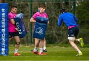 4 April 2022; Leinster players, from left, Dan Sheehan, Joe McCarthy and Jack Dunne during Leinster Rugby squad training session at UCD in Dublin. Photo by Harry Murphy/Sportsfile