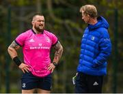 4 April 2022; Andrew Porter and head coach Leo Cullen during Leinster Rugby squad training session at UCD in Dublin. Photo by Harry Murphy/Sportsfile