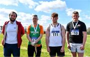 3 April 2022; Athletics Ireland Chair of Competition Andrew Lynam, left, with under 18 boys hammer medallists, from left, Bryan Quinn of Templemore AC, Tipperary, silver, Emmet O'Neill of Carrick-on-Suir AC, Waterford, gold, and Eoin Mcdermott of Cushinstown AC, Meath, bronze, during the AAI National Spring Throws Championships at Templemore Athletics Club in Tipperary.  Photo by Sam Barnes/Sportsfile