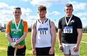 3 April 2022; Under 18 boys hammer medallists, from left, Bryan Quinn of Templemore AC, Tipperary, silver, Emmet O'Neill of Carrick-on-Suir AC, Waterford, gold, and Eoin Mcdermott of Cushinstown AC, Meath, bronze, during the AAI National Spring Throws Championships at Templemore Athletics Club in Tipperary.  Photo by Sam Barnes/Sportsfile