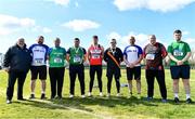 3 April 2022; Athletics Ireland president John Cronin, left, with men's hammer competitors during the AAI National Spring Throws Championships at Templemore Athletics Club in Tipperary. Photo by Sam Barnes/Sportsfile